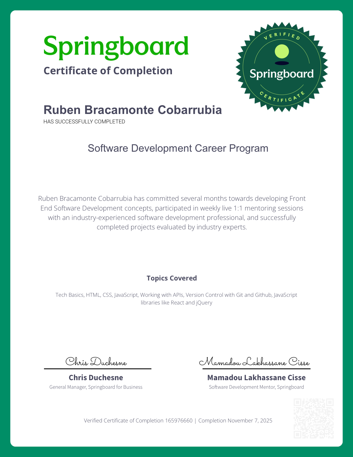 Certificado Springboard — Software Development Career Program de Ruben Bracamonte